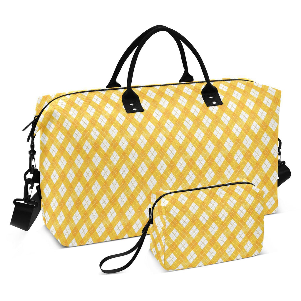 Large Travel Bag Travel Weekender Gear Bag with Toiletry for Airplane Traveling 2 Pcs Set Buffalo Plaid diamonding Bright Yellow1