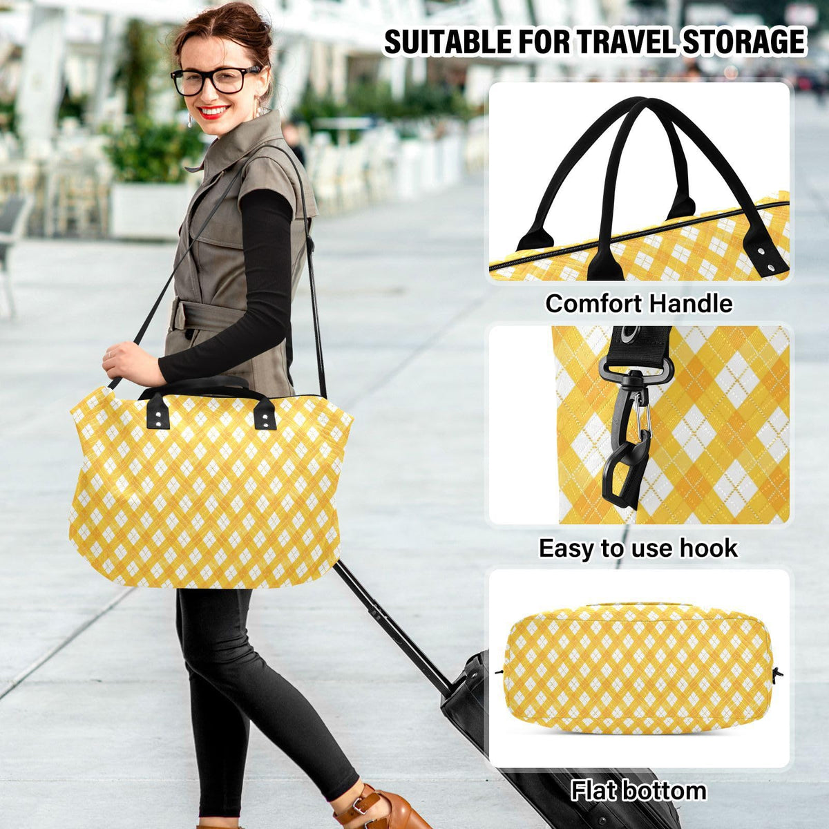 Large Travel Bag Travel Weekender Gear Bag with Toiletry for Airplane Traveling 2 Pcs Set Buffalo Plaid diamonding Bright Yellow1