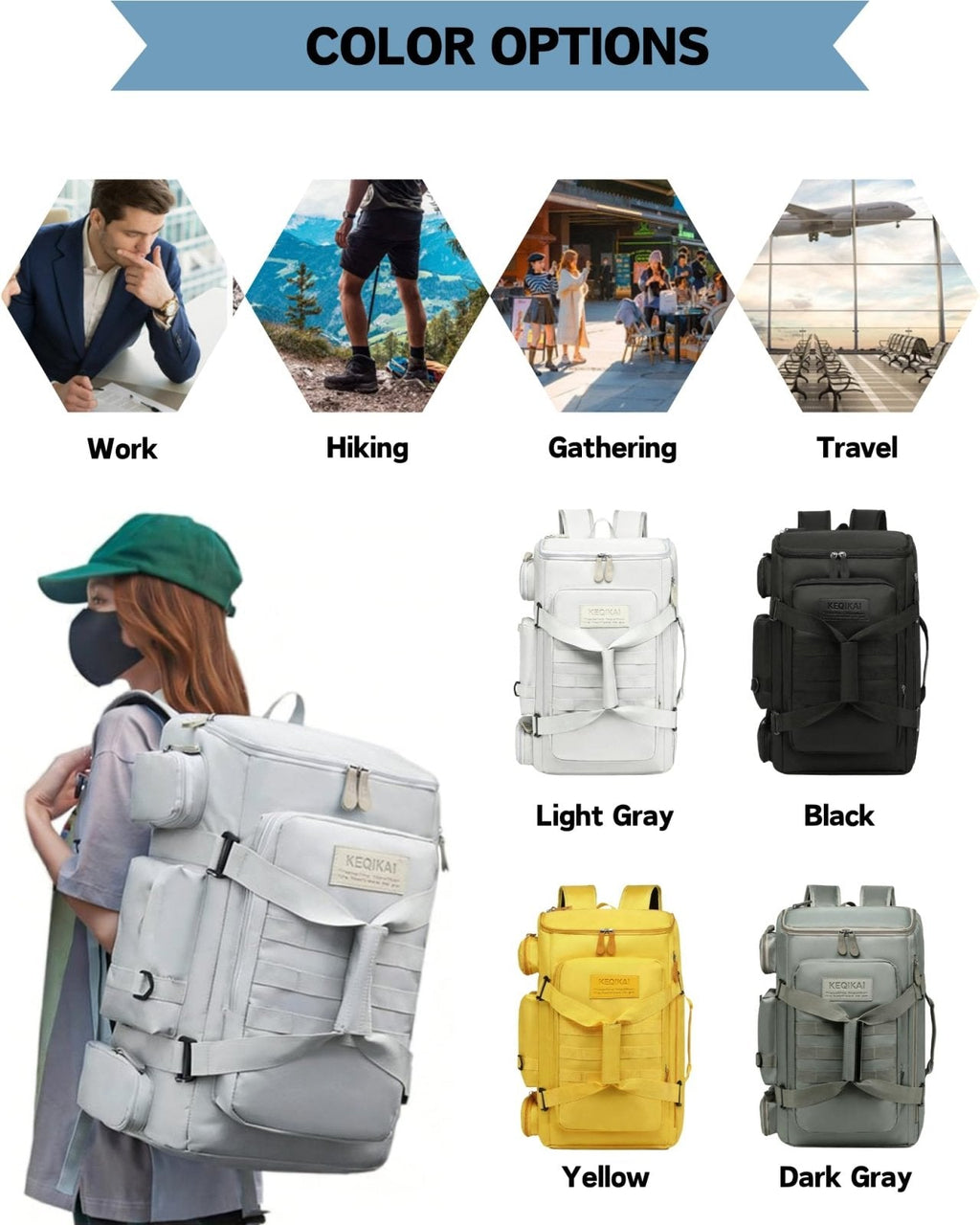 Large Travel Duffle Bags Backpack for Men Women, 50L Sports Gym Bag with Wet Pocket, Waterproof Carry On Backpack Weekender Overnight for Workout, Fitness, Outdoor, Business Yellow