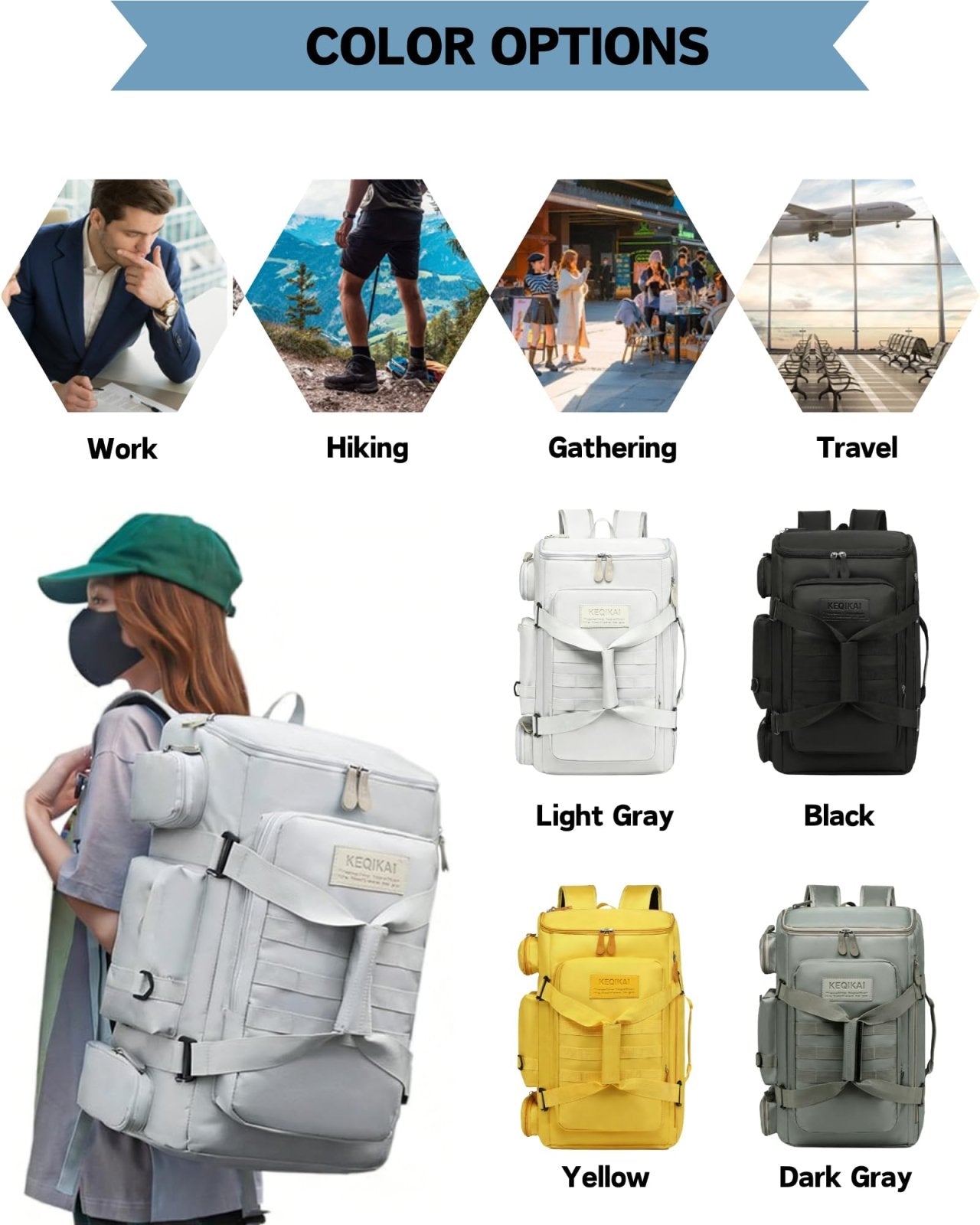 Large Travel Duffle Bags Backpack for Men Women, 50L Sports Gym Bag with Wet Pocket, Waterproof Carry On Backpack Weekender Overnight for Workout, Fitness, Outdoor, Business Yellow