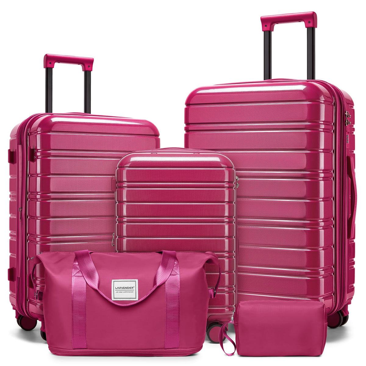 LARVENDER 5 Piece Hardside Expandable Luggage Sets with Wheels Lock, Lightweight PC+ABS Rolling Hardside Suitcase for Women and Men,Glossy Very Berry