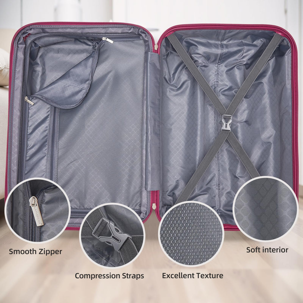 LARVENDER 5 Piece Hardside Expandable Luggage Sets with Wheels Lock, Lightweight PC+ABS Rolling Hardside Suitcase for Women and Men,Glossy Very Berry
