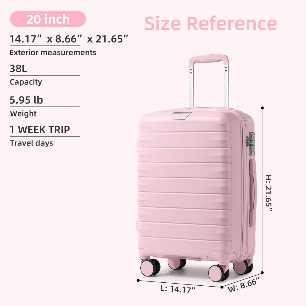 LARVENDER Carry On Luggage 22x14x9 Airline Approved, 20 Inch Hardshell & Lightweight PP Carry On Suitcase for Women with Spinner Wheels TSA Lock, Light Pink