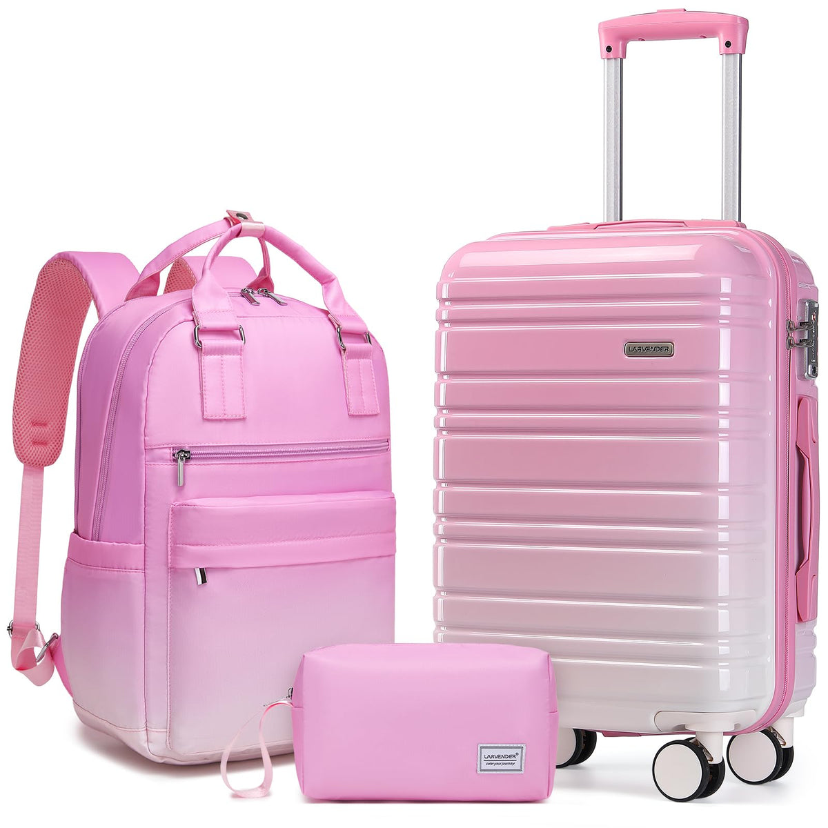 LARVENDER Carry on Luggage 22x14x9 Airline Approved Hardshell Suitcase with Wheels TSA Lock, PC+ABS Lightweight Suitcase Set for Women with Travel Backpack, Peach Sparkling, 3 Piece Set