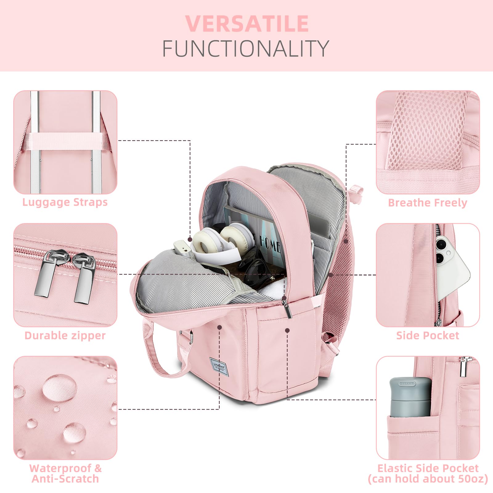 LARVENDER Luggage Sets 3 Piece, Expandable Carry On Luggage 22x14x9 Airline Approved, 20 Inch Hardshell & Lightweight PP Carry On Suitcase for Women with Spinner Wheels TSA Lock, Light Pink