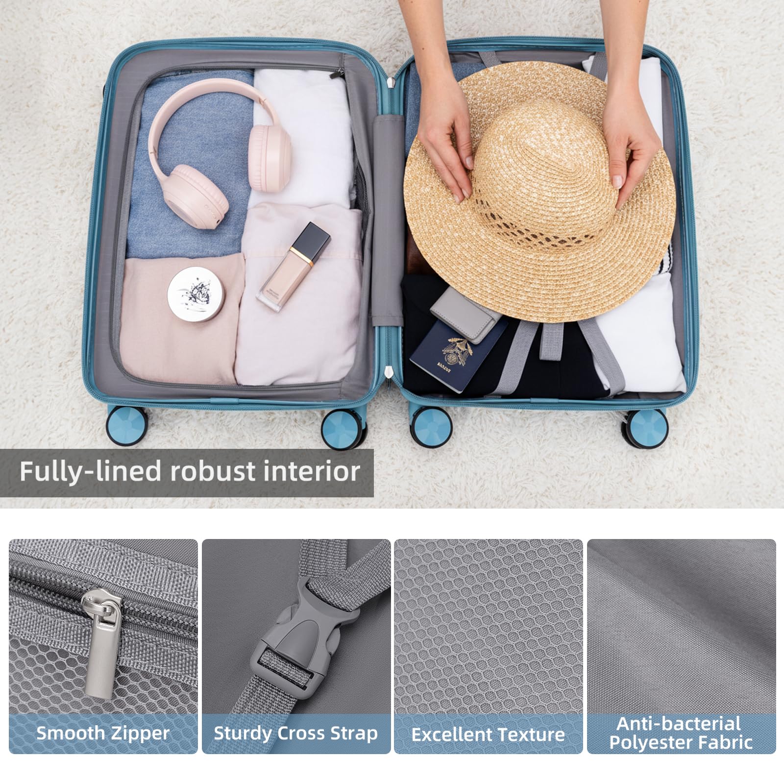 LARVENDER Luggage Sets 3 Piece, Hardside PP Carry On Luggage Suitcase with 360° Spinner Wheels Suitcase Sets for Women Men, Blue
