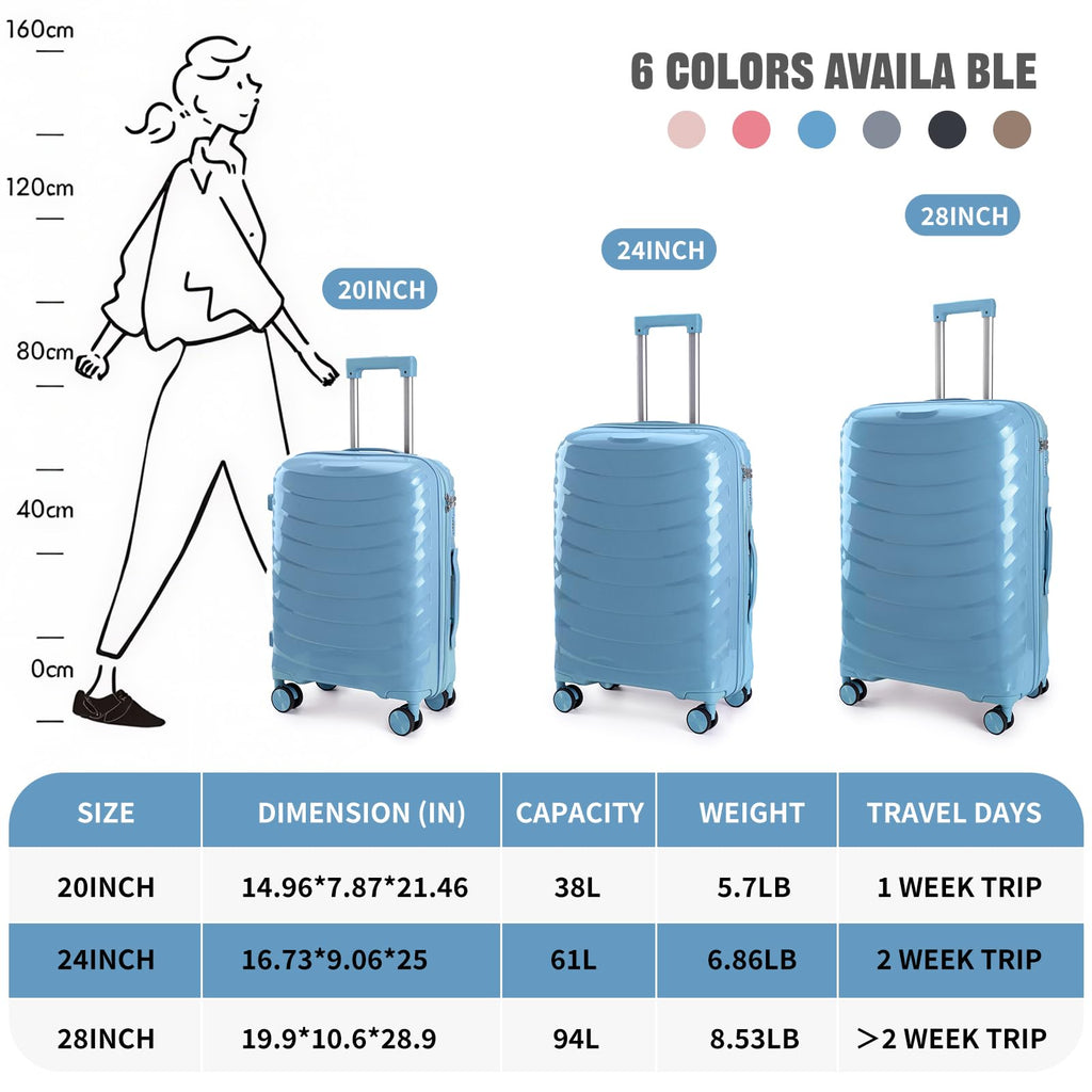 LARVENDER Luggage Sets 3 Piece, Hardside PP Carry On Luggage Suitcase with 360° Spinner Wheels Suitcase Sets for Women Men, Blue