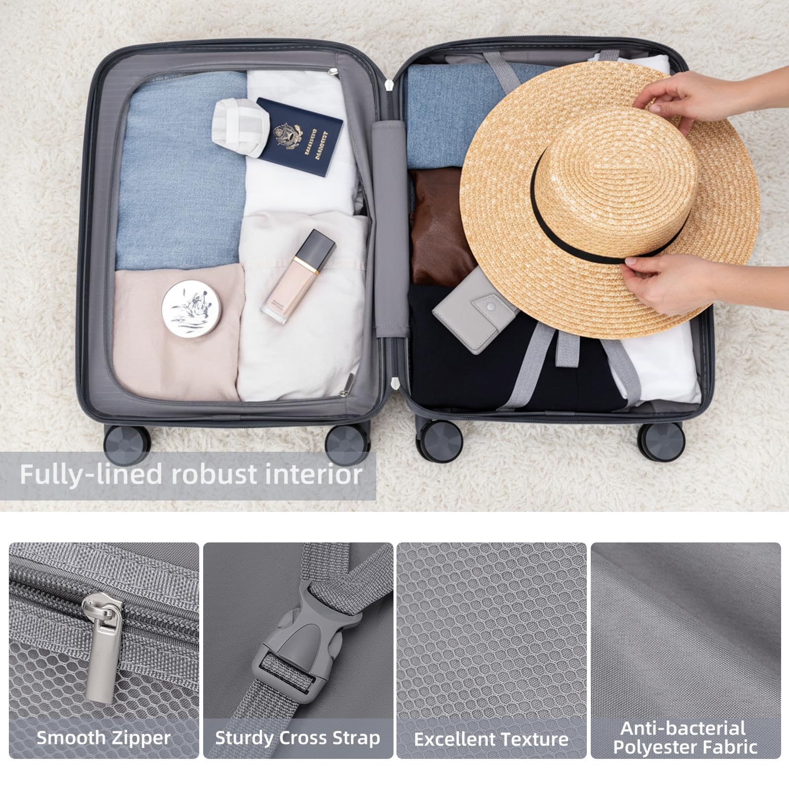 LARVENDER Luggage Sets 3 Piece, Hardside PP Carry On Luggage Suitcase with 360° Spinner Wheels Suitcase Sets for Women Men, Dark Grey