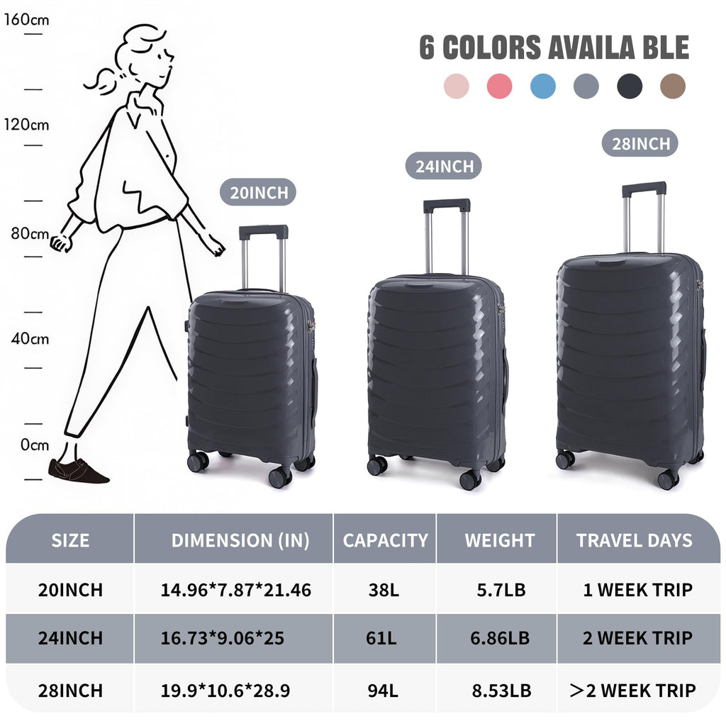 LARVENDER Luggage Sets 3 Piece, Hardside PP Carry On Luggage Suitcase with 360° Spinner Wheels Suitcase Sets for Women Men, Dark Grey