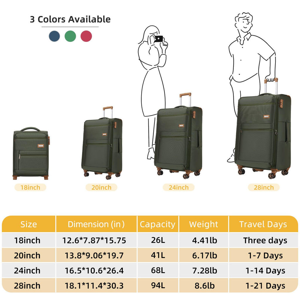 LARVENDER Luggage Sets 4 Piece, Softside Carry On Luggage Suitcase Set with 360° Spinner Wheels for Women Men(28/24/20/18) Army Green
