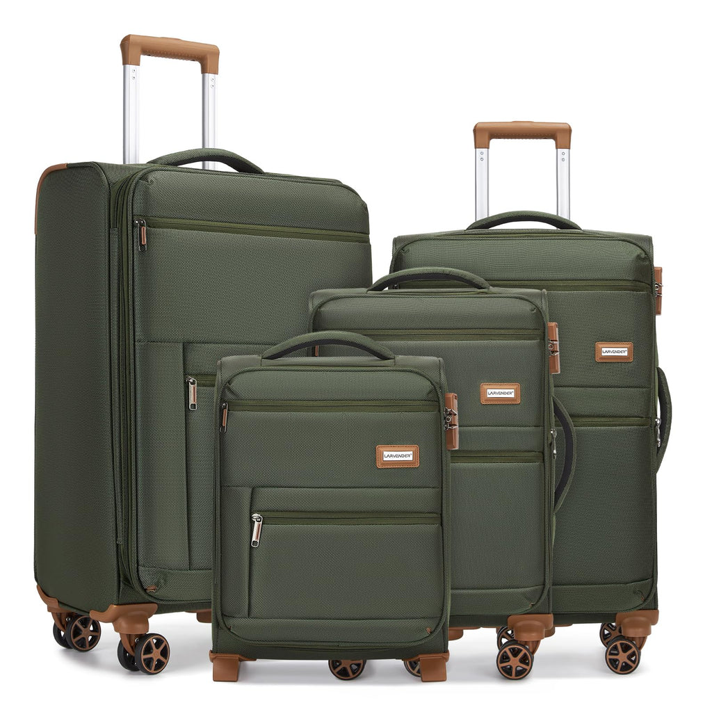 LARVENDER Luggage Sets 4 Piece, Softside Carry On Luggage Suitcase Set with 360° Spinner Wheels for Women Men(28/24/20/18) Army Green