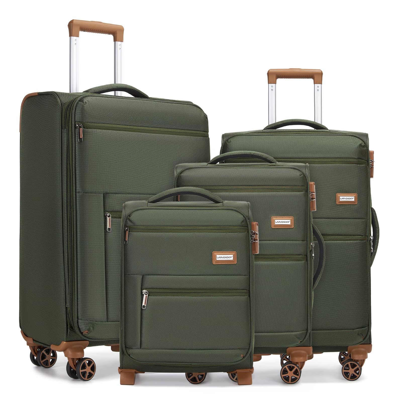 LARVENDER Luggage Sets 4 Piece, Softside Carry On Luggage Suitcase Set with 360° Spinner Wheels for Women Men(28/24/20/18) Army Green