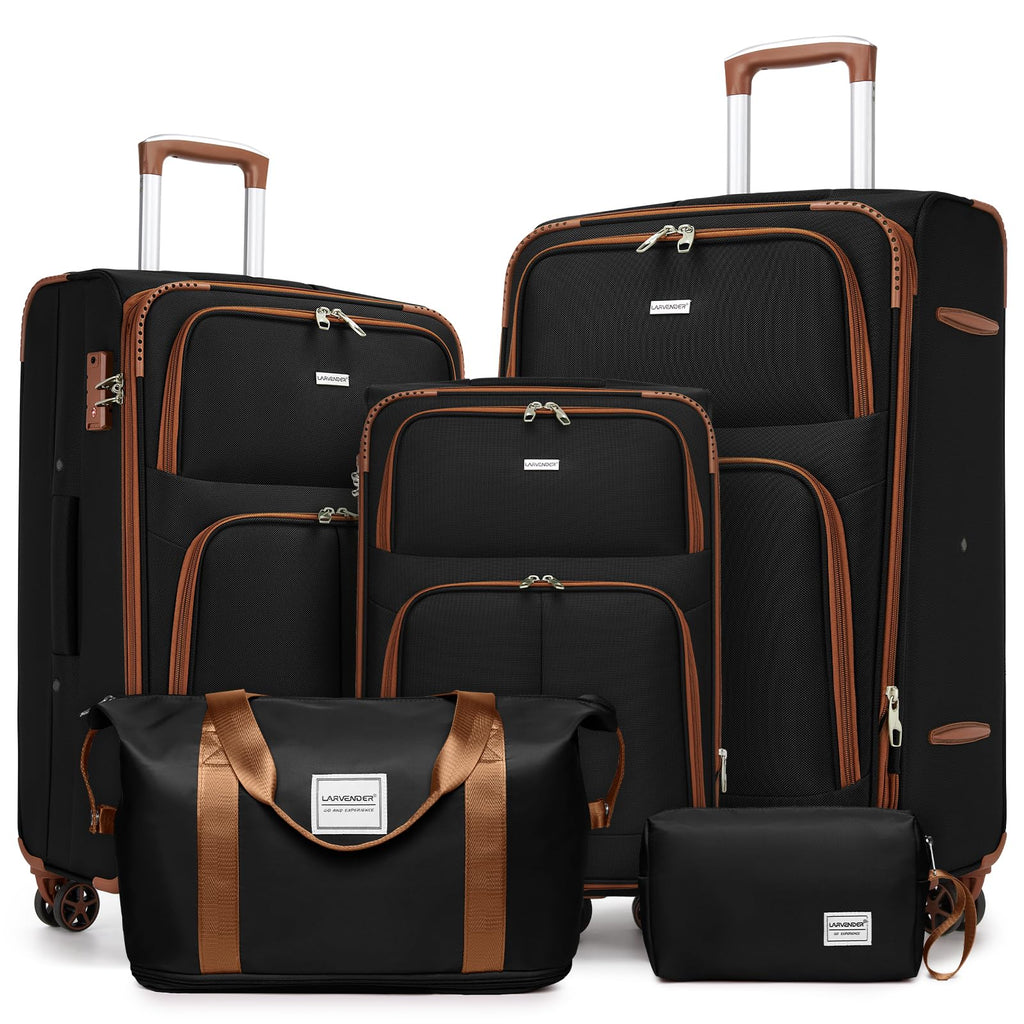 LARVENDER Luggage Sets 5 Piece Softside Expandable Suitcases Set with Spinner Wheels TSA Lock, Lightweight Soft Shell Rolling Travel Luggage Set Clearance for Men and Women, Black Brown
