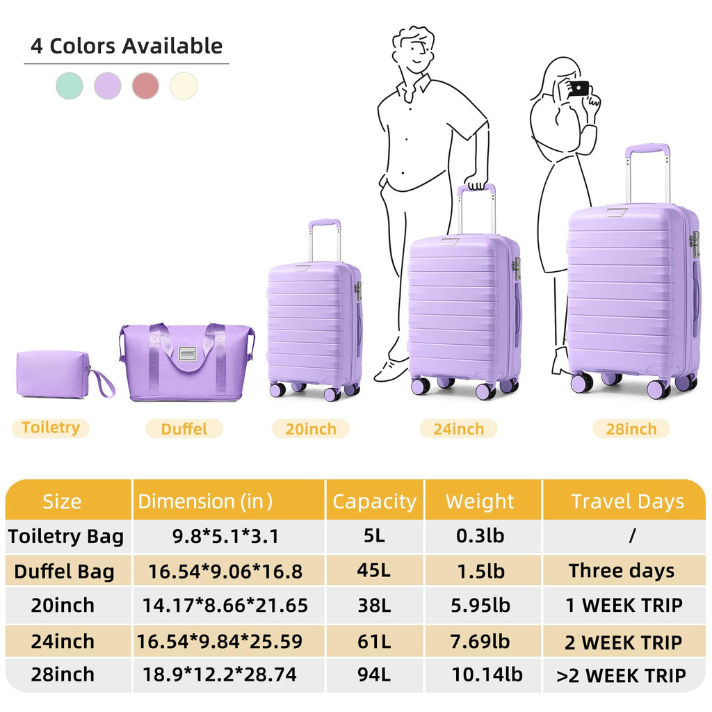 LARVENDER Luggage Sets 5 Piece with Duffel Bag Expandable(Only 28 inch) Hardside PP Carry On Luggage with 360° Spinner Wheels TSA Lock Luggage Sets for Women, Lavender