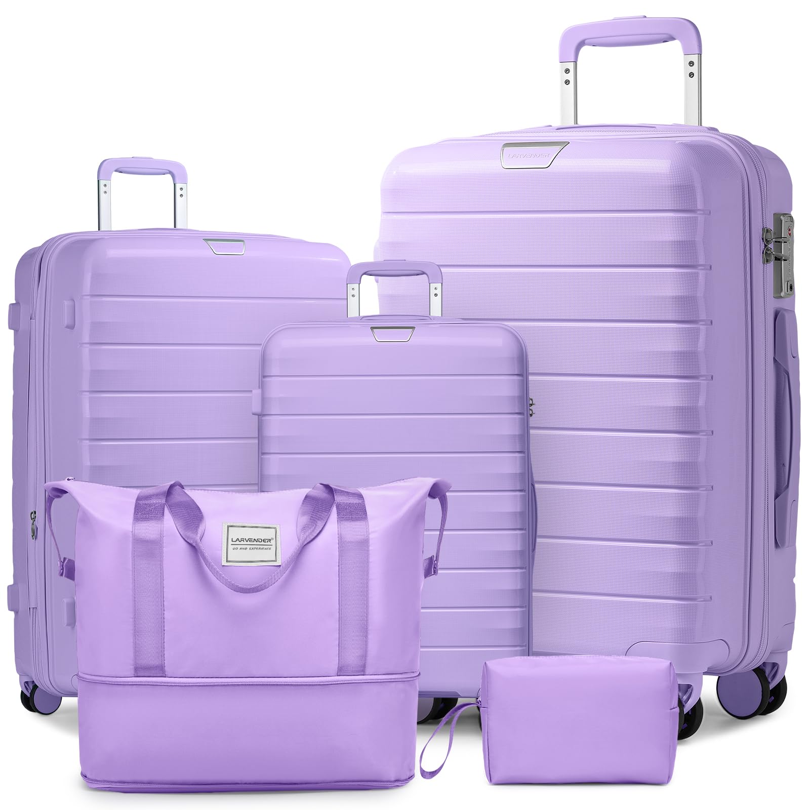 LARVENDER Luggage Sets 5 Piece with Duffel Bag Expandable(Only 28 inch) Hardside PP Carry On Luggage with 360° Spinner Wheels TSA Lock Luggage Sets for Women, Lavender