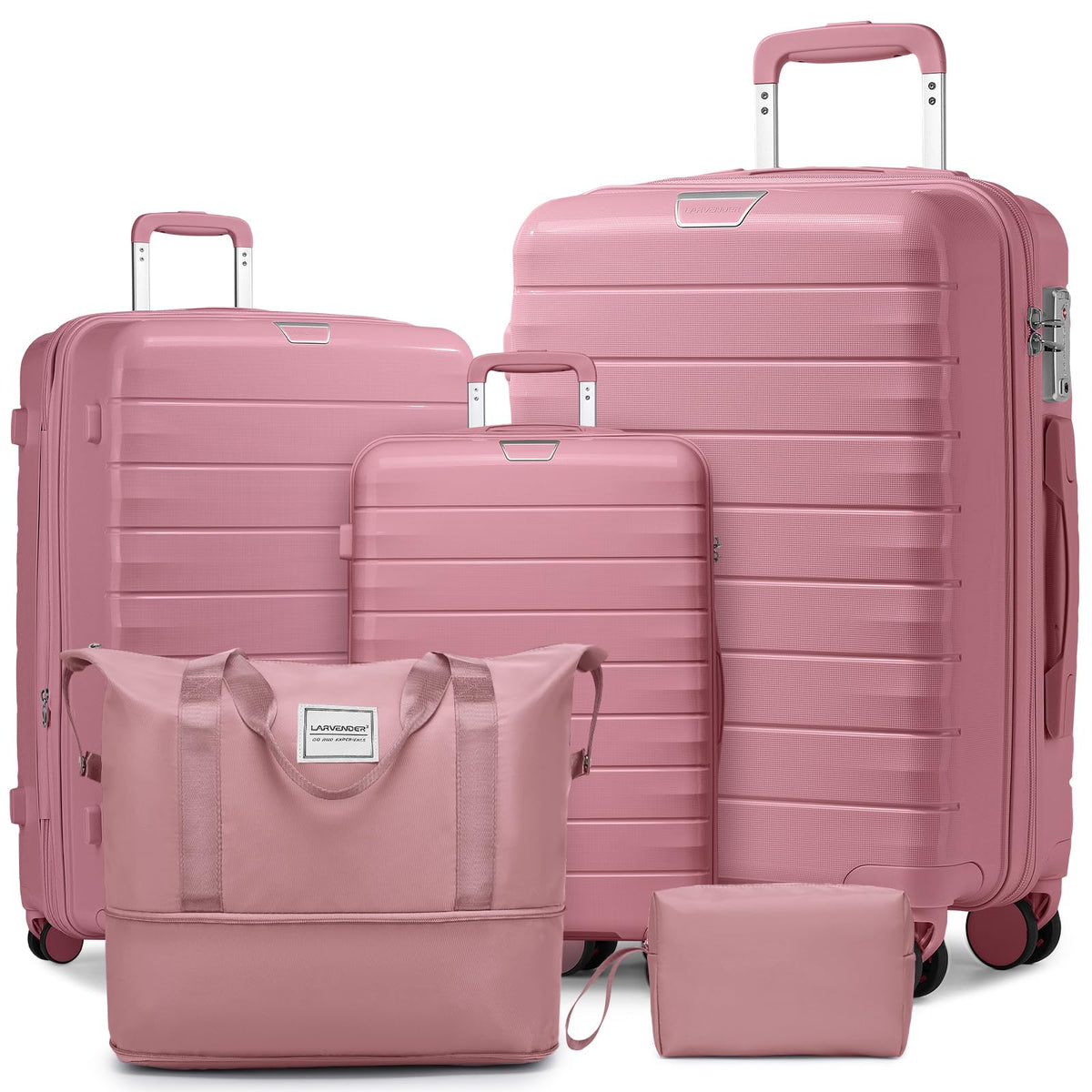LARVENDER Luggage Sets 5 Piece with Duffel Bag Expandable(Only 28 inch) Hardside PP Carry On Luggage with 360° Spinner Wheels TSA Lock Luggage Sets for Women, Pink