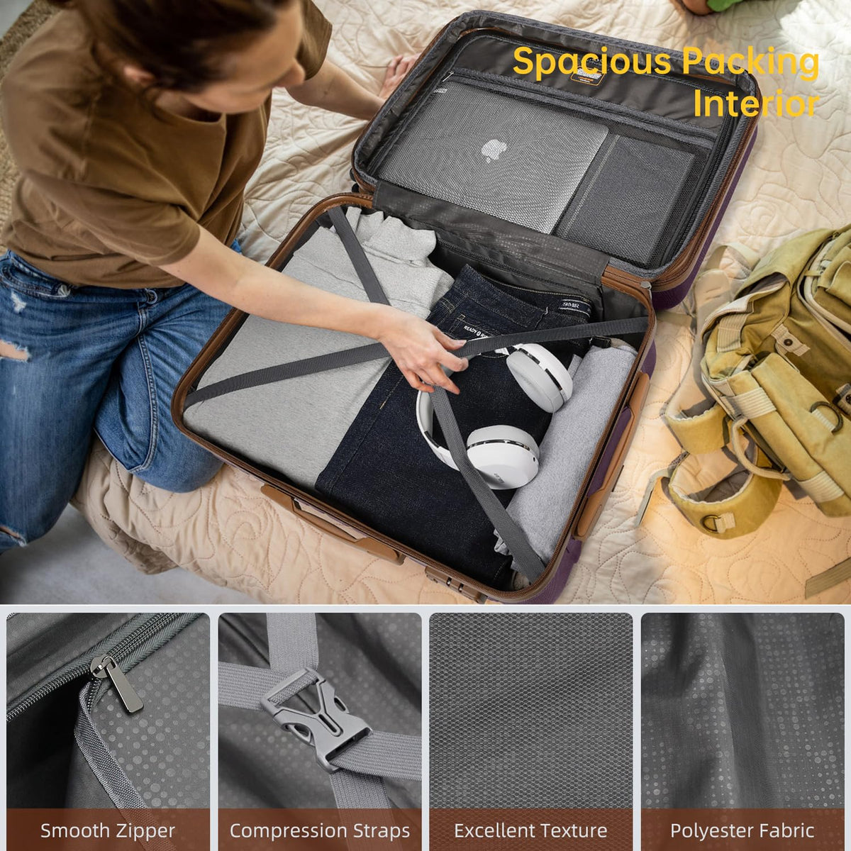 LARVENDER Luggage Sets 6 Piece, Expandable Hardside Carry on Suitcase Set with Spinner Wheels, Lightweight Rolling Luggage Sets for Women with TSA Lock, Purple