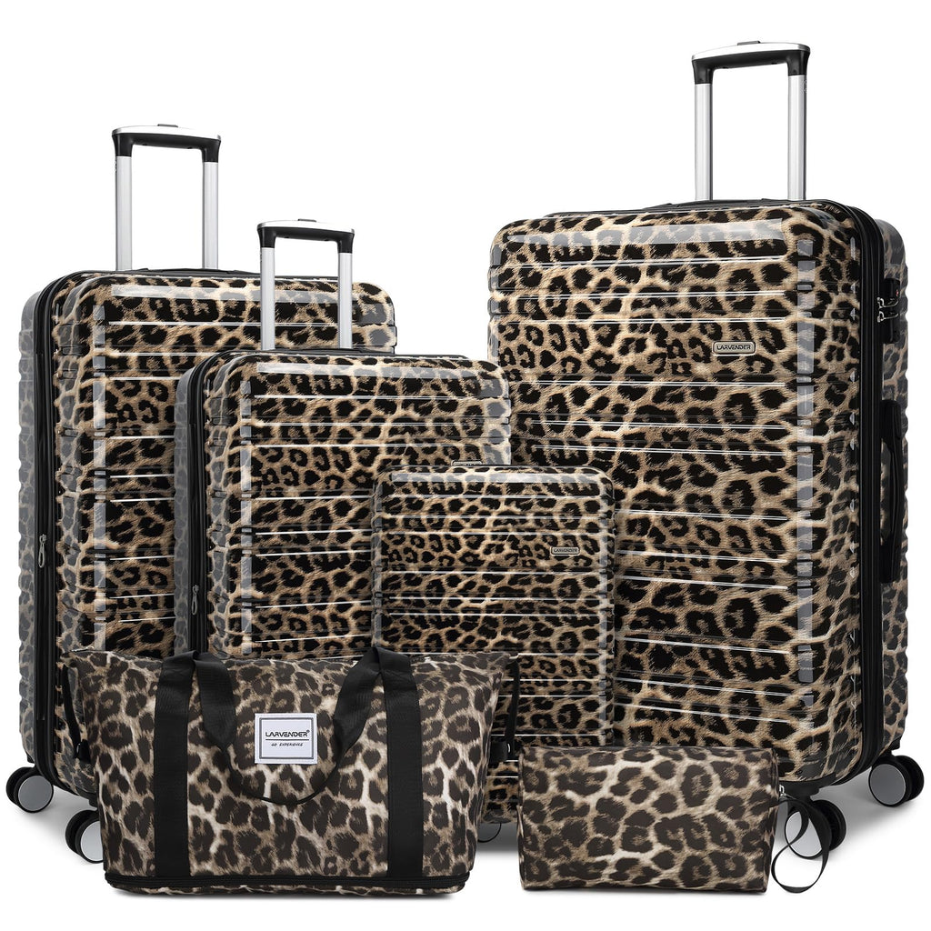 LARVENDER Luggage Sets 6 Piece, Expandable Luggage Hardside PC+ABS Leopard Suitcase Sets with Spinner Wheels TSA Lock, Lightweight Rolling Suitcase for Men and Women, Cheetah Print