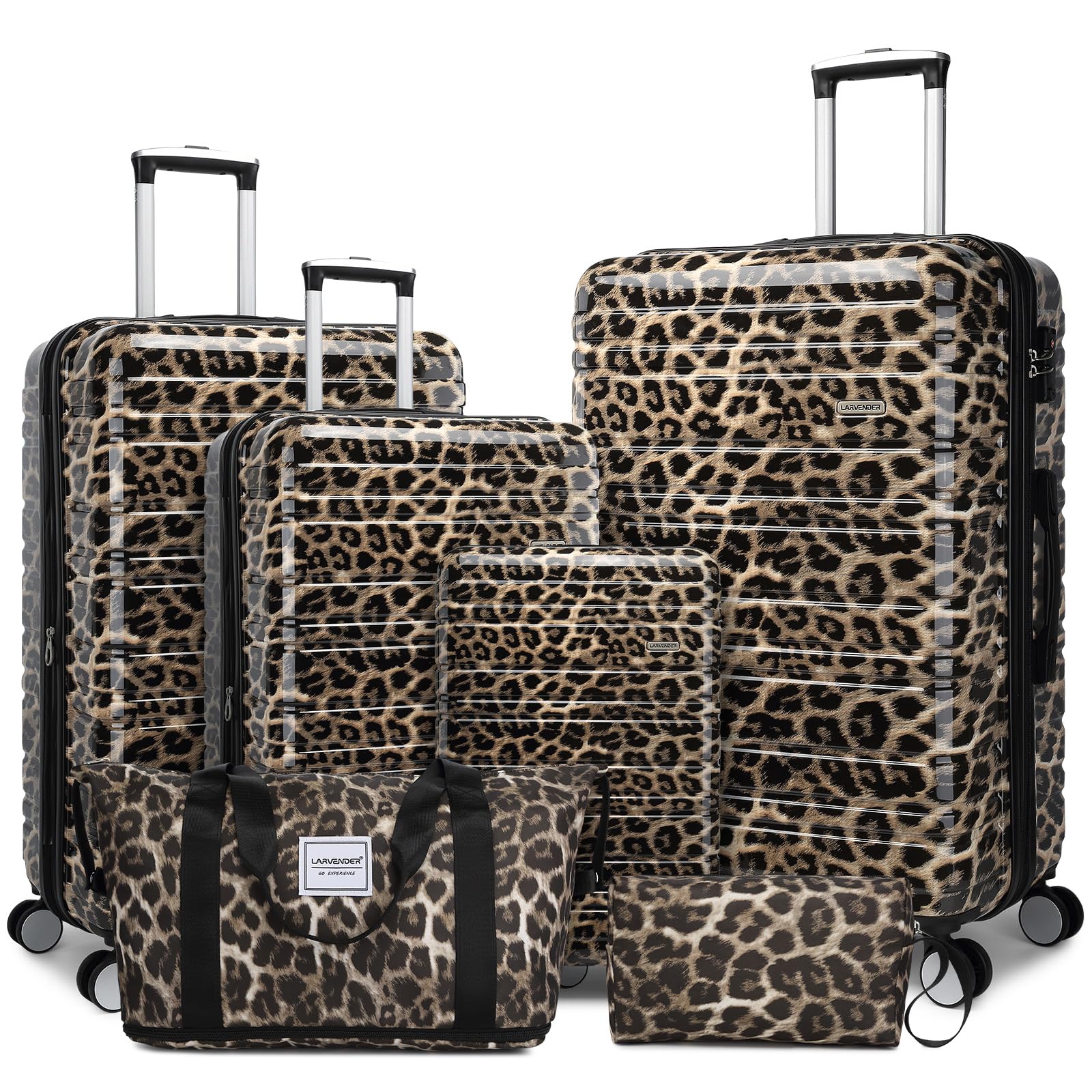 LARVENDER Luggage Sets 6 Piece, Expandable Luggage Hardside PC+ABS Leopard Suitcase Sets with Spinner Wheels TSA Lock, Lightweight Rolling Suitcase for Men and Women, Cheetah Print