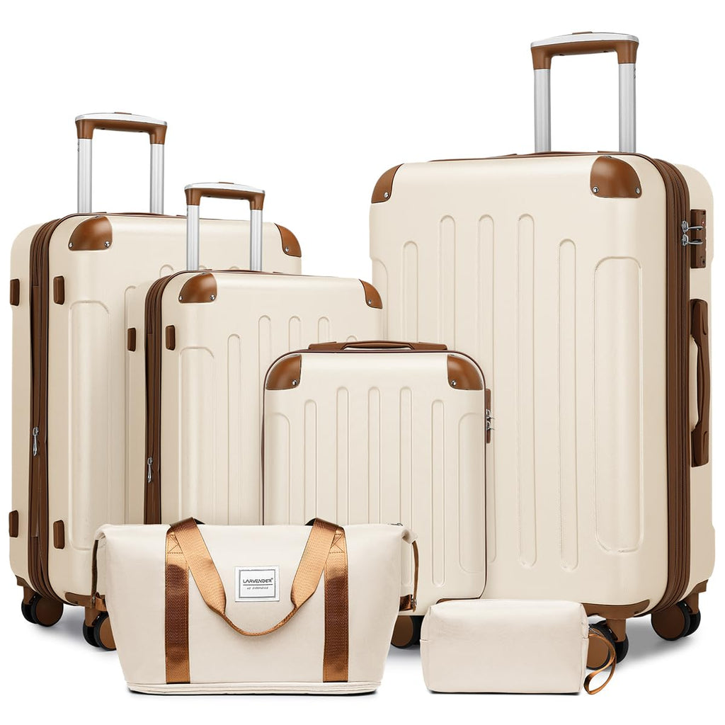 LARVENDER Luggage Sets 6 Piece, Expandable Luggage Set Clearance for Women, Suitcases with Wheels, Hardside Hard Shell Travel Luggage with TSA Lock (White Brown, 6pcs)