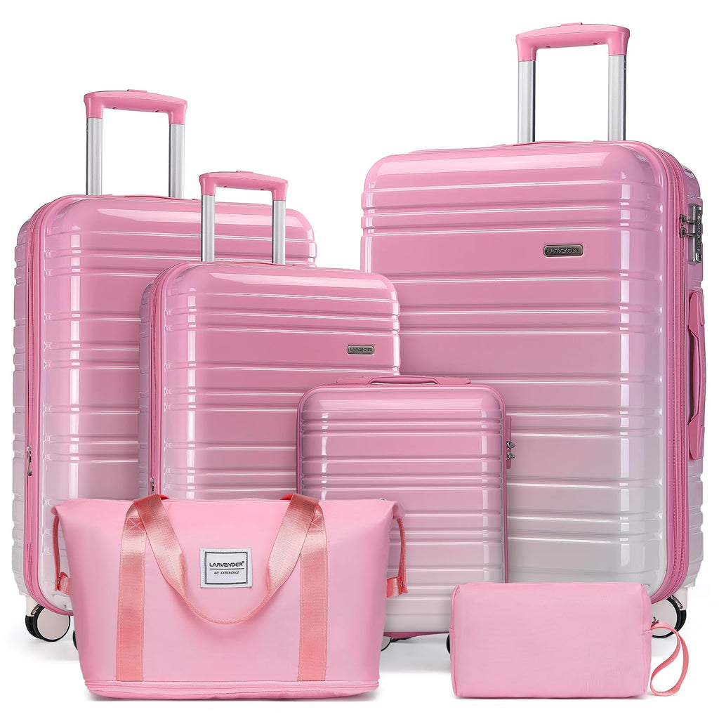 LARVENDER Luggage Sets 6 Piece, Expandable PC+ABS Hardside Multicolor Suitcase Sets with TSA Lock Double Spinner Wheels, Peach Sparkling