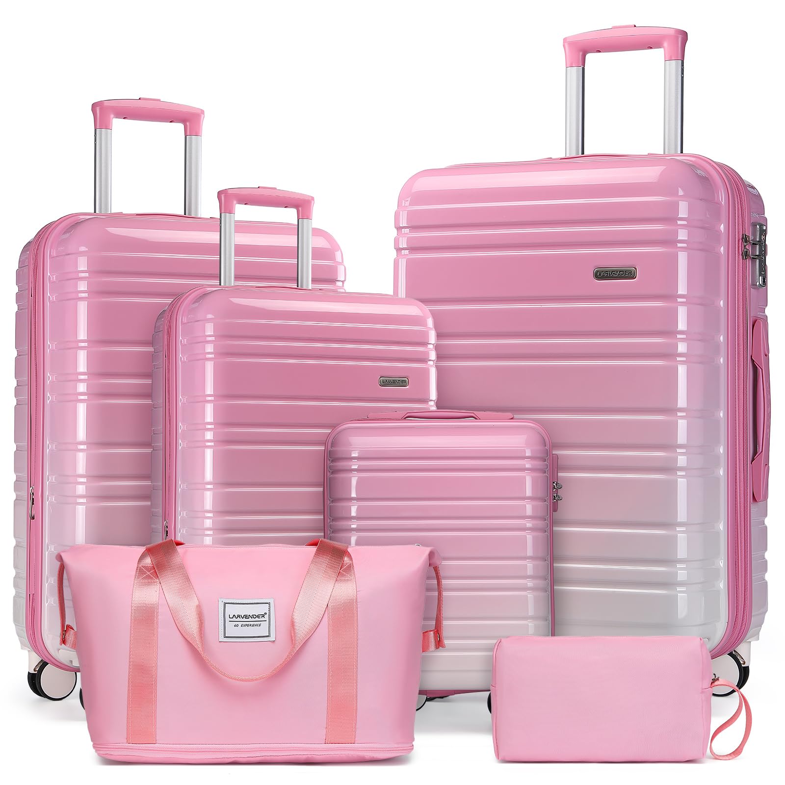 LARVENDER Luggage Sets 6 Piece, Expandable PC+ABS Hardside Multicolor Suitcase Sets with TSA Lock Double Spinner Wheels, Peach Sparkling