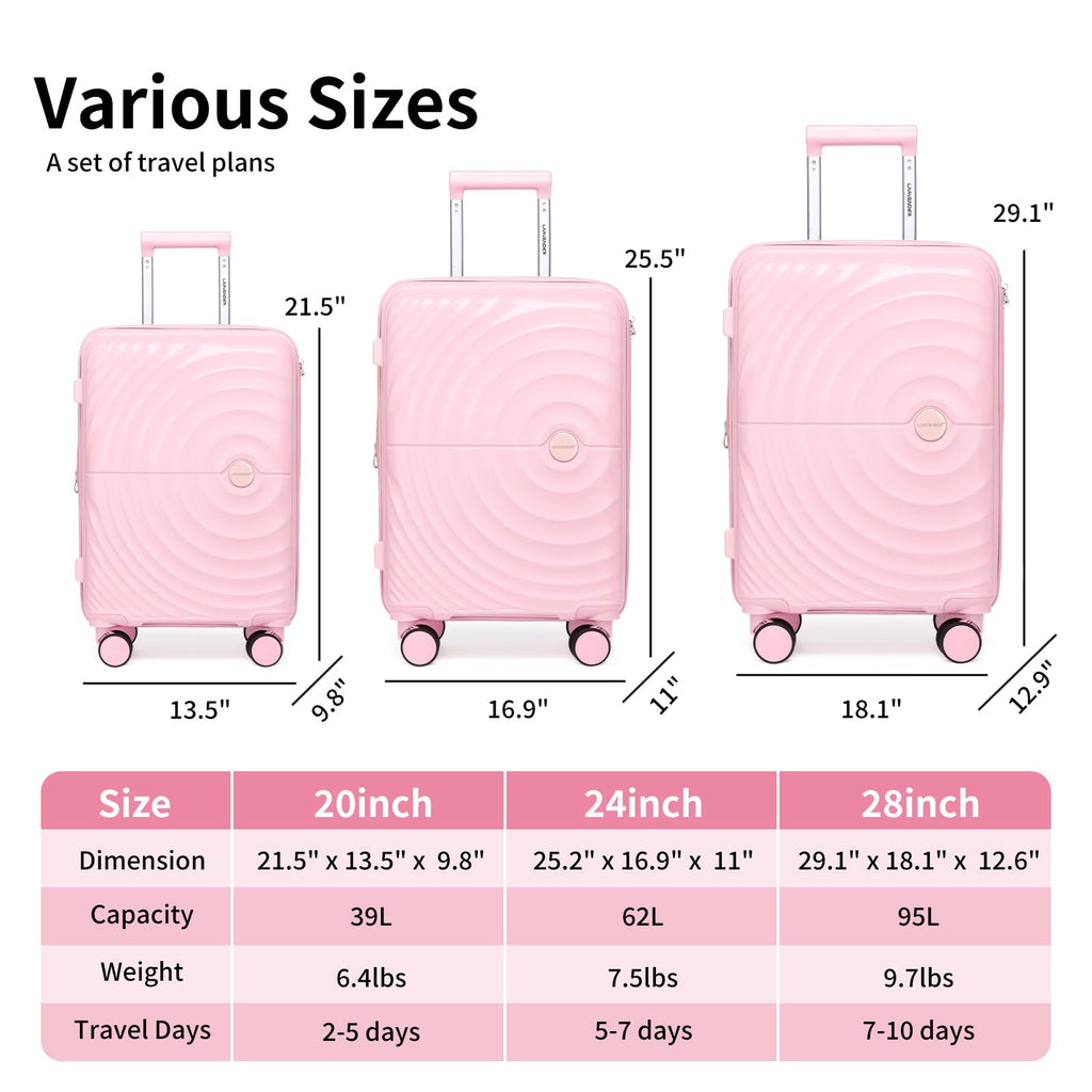 LARVENDER Luggage Sets, Suitcase Set 3 Piece Expandable Luggage PP Lightweight Large Suitcases with Wheels for Women (3 piece set,Light Pink)