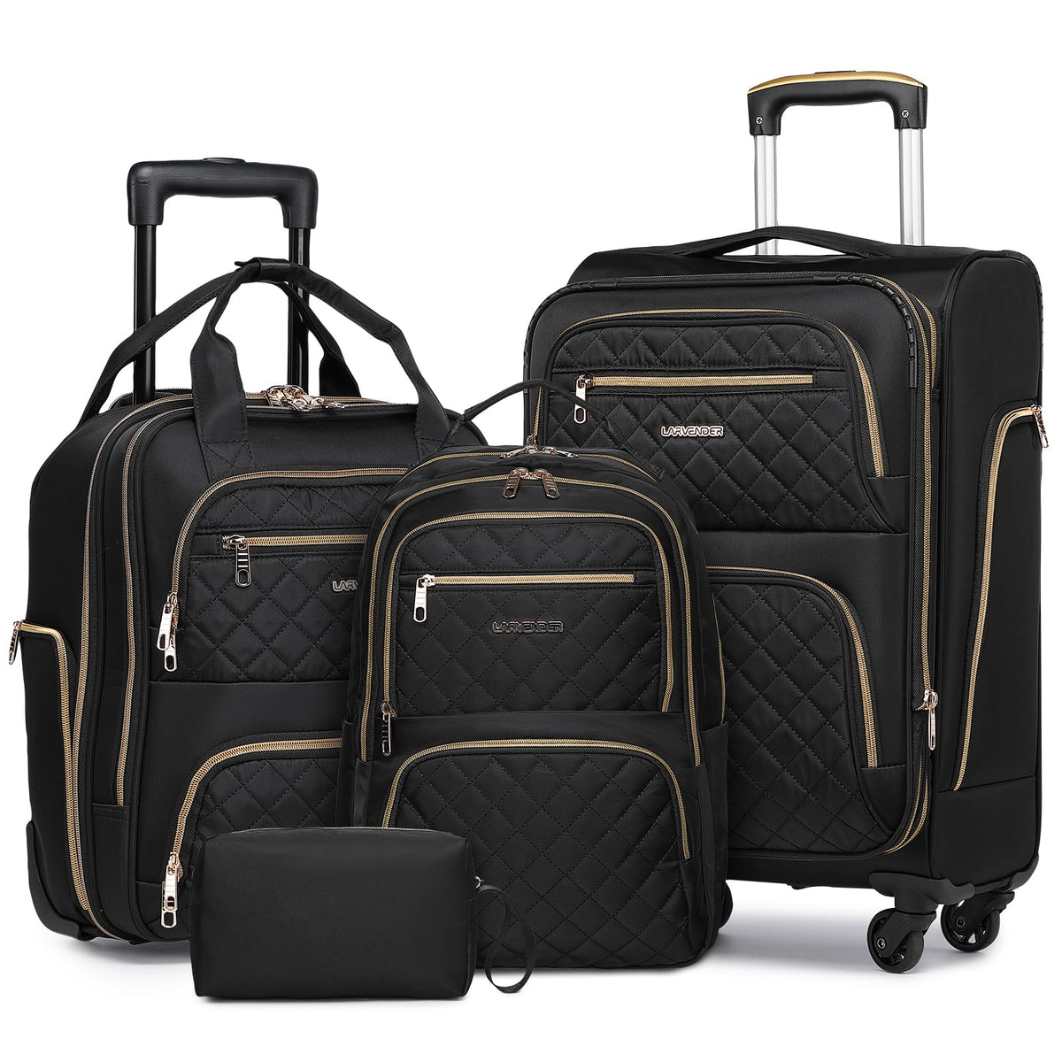 LARVENDER Softside Carry On Luggage 4 Piece, Expandable Carry On Luggage 22x14x9 Airline Approved Underseat Suitcase with Spinner Wheels TSA Lock, Black (16/20/BP/TB)
