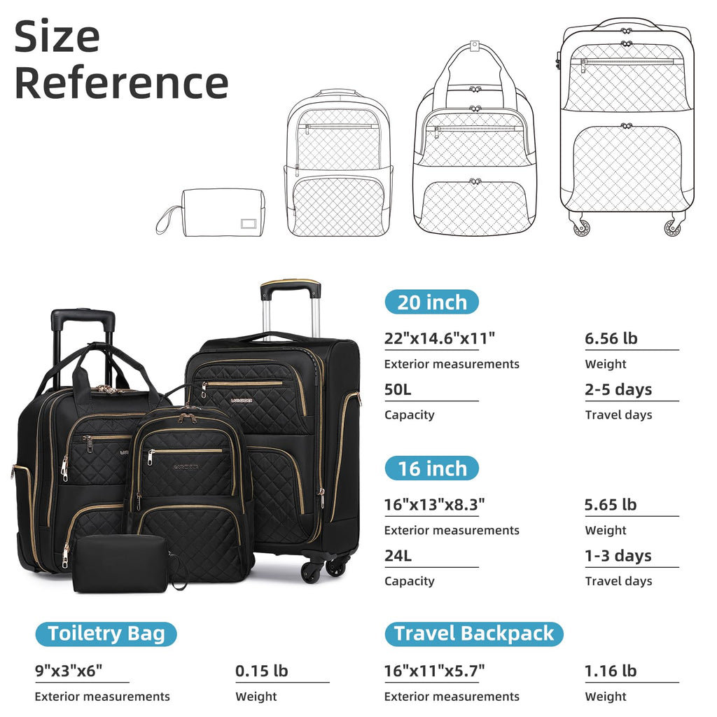 LARVENDER Softside Carry On Luggage 4 Piece, Expandable Carry On Luggage 22x14x9 Airline Approved Underseat Suitcase with Spinner Wheels TSA Lock, Black (16/20/BP/TB)