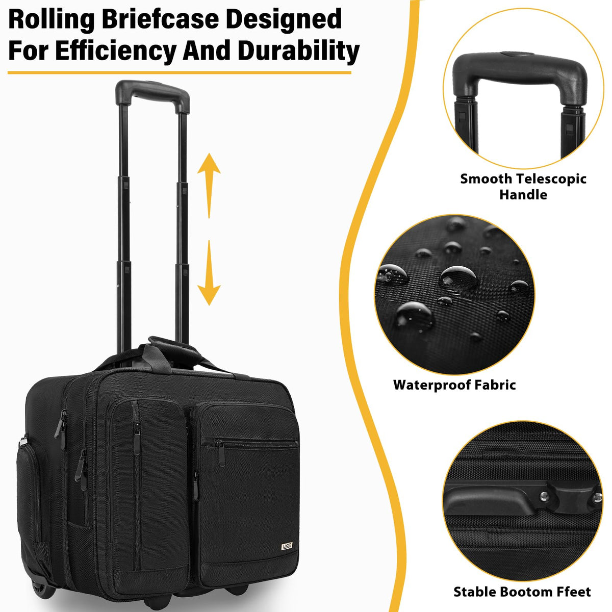 LASUK Rolling Briefcase Laptop Bag,17.3" Computer bag with wheels, Water Repellent Travel Roller Underseat Bag with RFID Blocking Pocket,Rolling Work Bags for women/men - Black