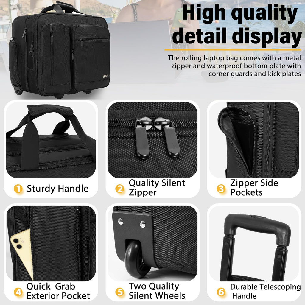 LASUK Rolling Briefcase Laptop Bag,17.3" Computer bag with wheels, Water Repellent Travel Roller Underseat Bag with RFID Blocking Pocket,Rolling Work Bags for women/men - Black