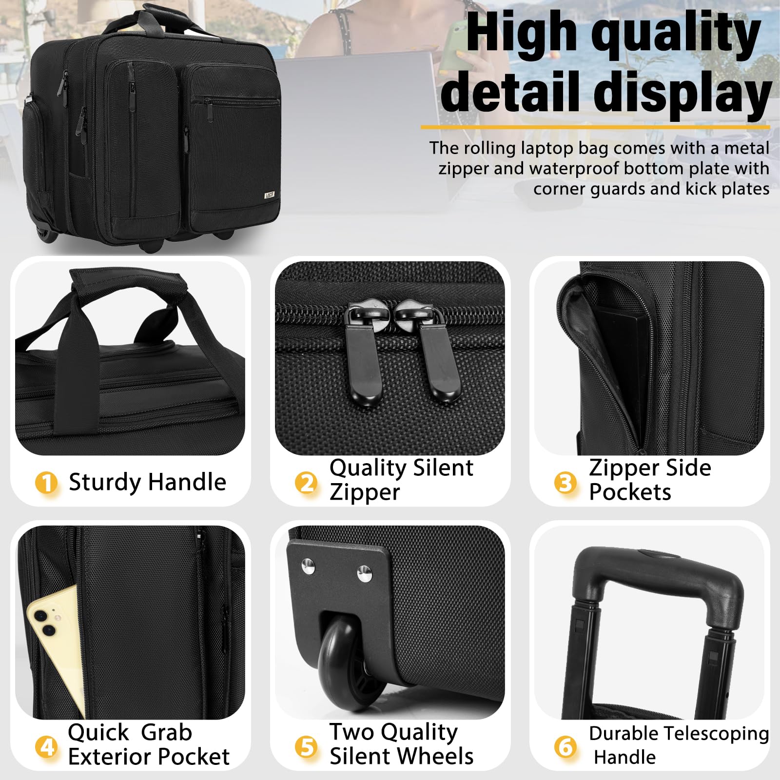 LASUK Rolling Briefcase Laptop Bag,17.3" Computer bag with wheels, Water Repellent Travel Roller Underseat Bag with RFID Blocking Pocket,Rolling Work Bags for women/men - Black
