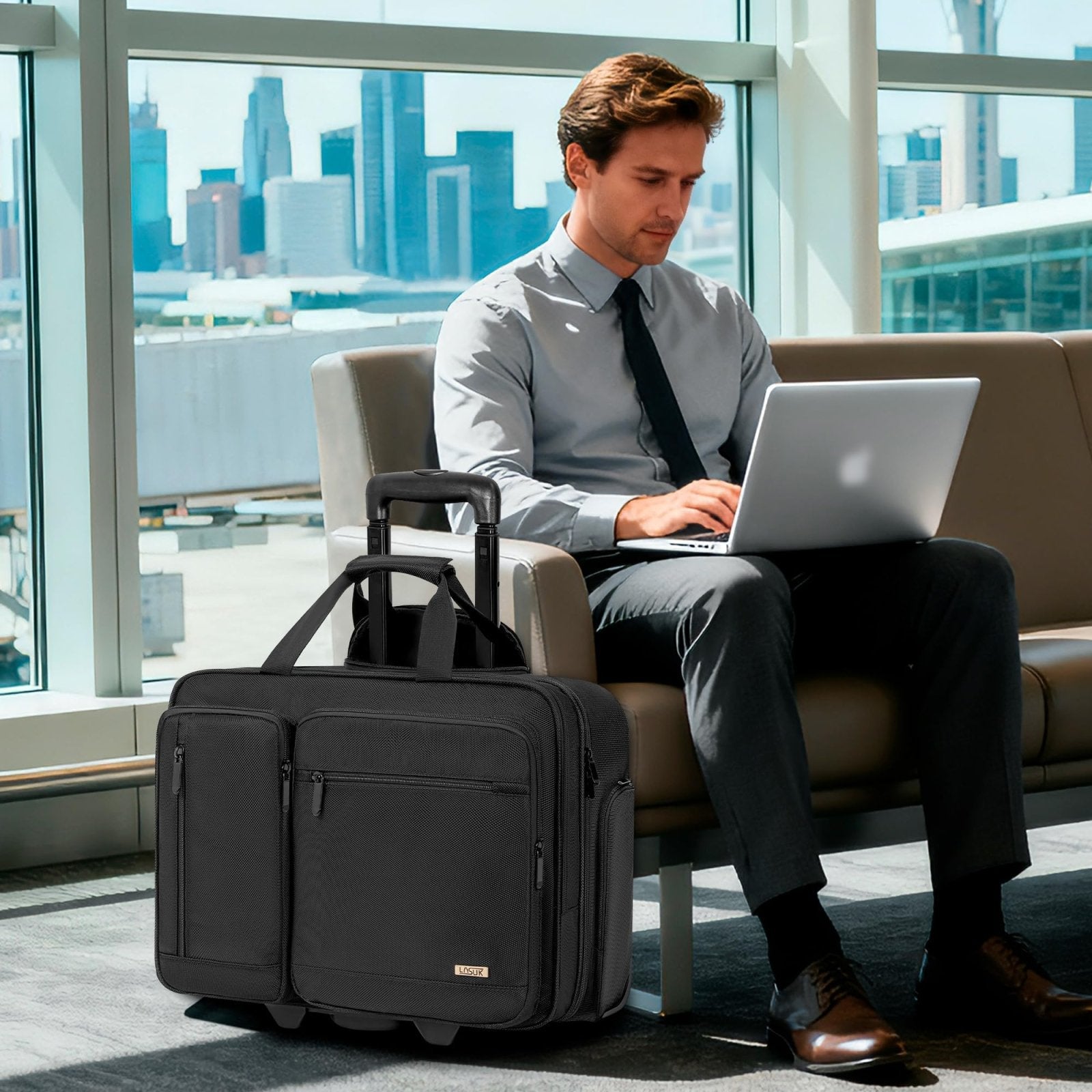 LASUK Rolling Laptop Bag, Wheeled Briefcase 17.3 inch Rolling Briefcase, Overnight Roller Bag, Repellent Travel Roller Underseat Bag
