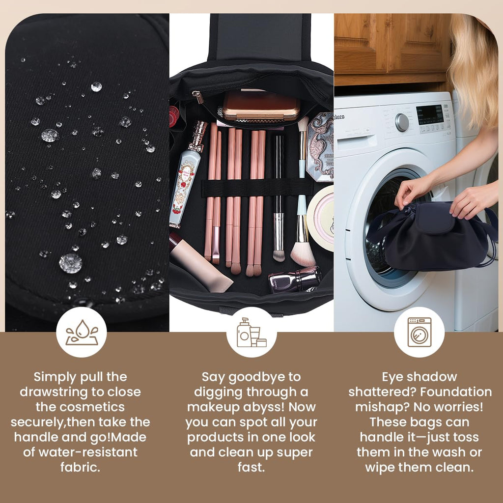 Lay Flat Drawstring Makeup Bag,Travel Cosmetic Organizer for Women,Large Capacity Toiletry Bag,Portable Open - Flat Design for Skincare and Makeup Brushes (Black)