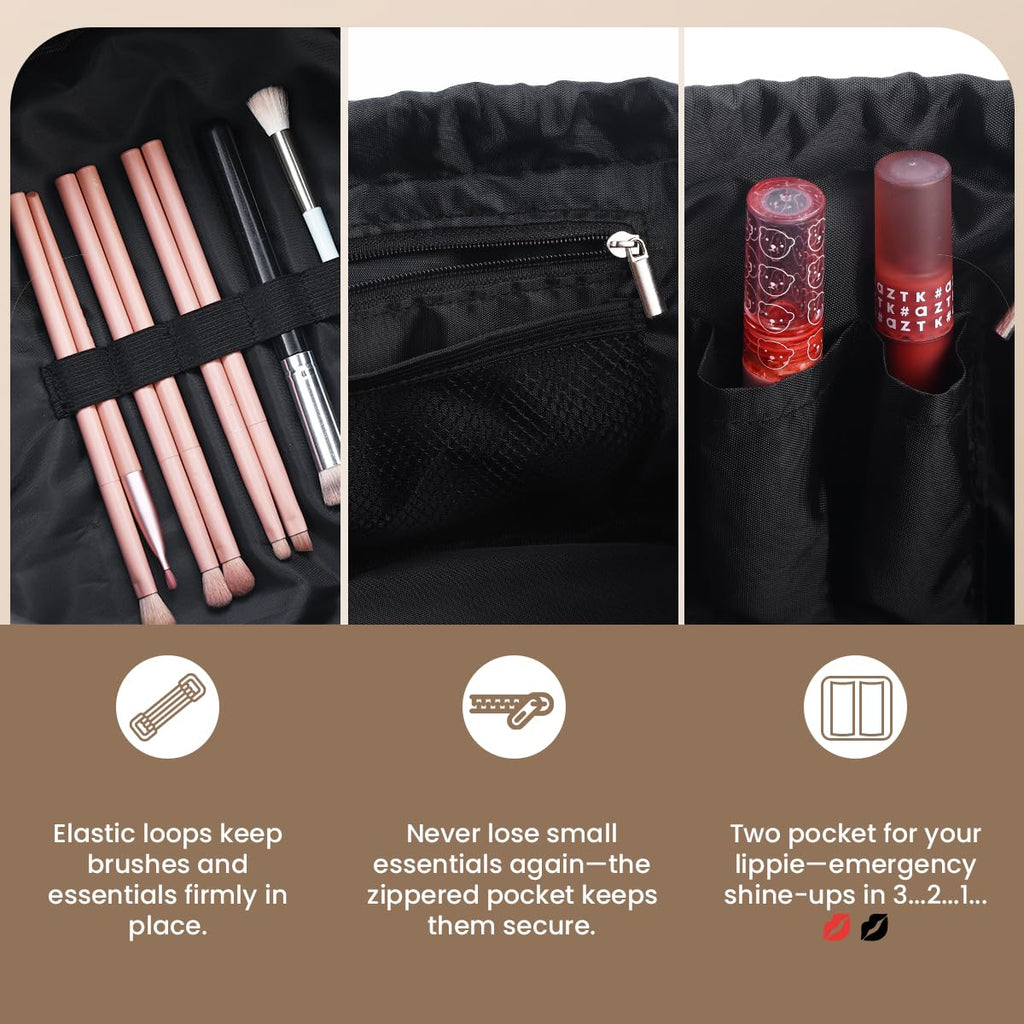 Lay Flat Drawstring Makeup Bag,Travel Cosmetic Organizer for Women,Large Capacity Toiletry Bag,Portable Open - Flat Design for Skincare and Makeup Brushes (Black)
