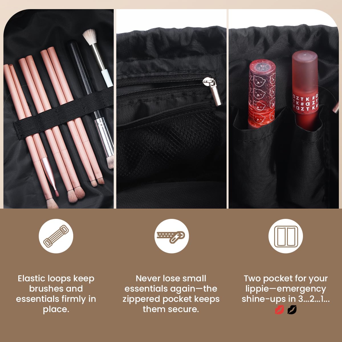Lay Flat Drawstring Makeup Bag,Travel Cosmetic Organizer for Women,Large Capacity Toiletry Bag,Portable Open - Flat Design for Skincare and Makeup Brushes (Black)