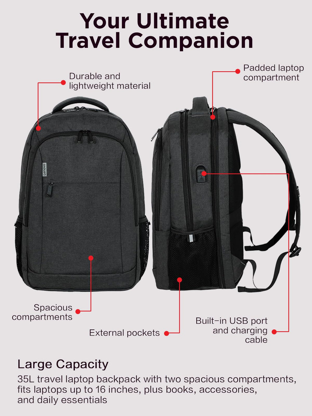 Lenovo B325 Laptop Backpack 35L – Anti - Theft, Water - Resistant, USB Charging Port, Fits 16 - Inch Laptops, 2 Compartments, Luggage Strap, Travel Backpack for Work, School, Men & Women, Black