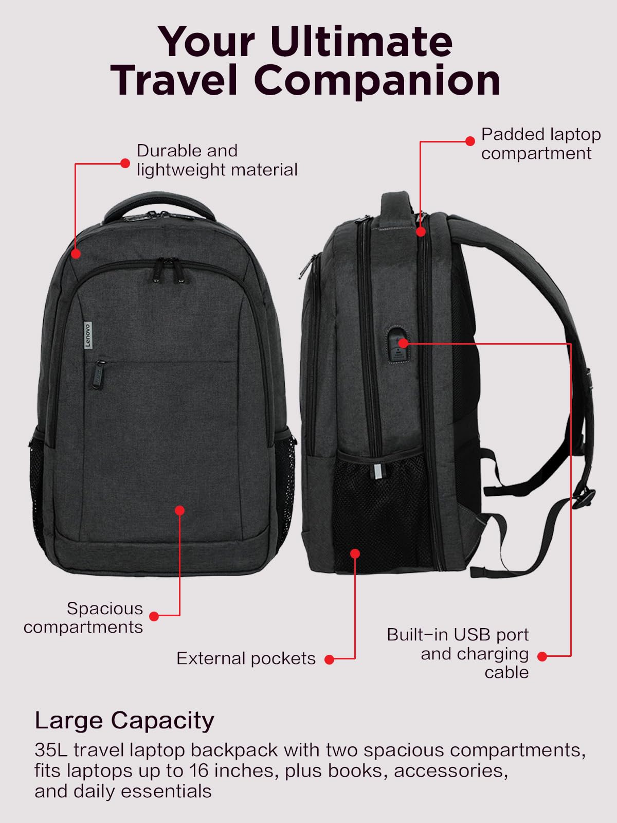 Lenovo B325 Laptop Backpack 35L – Anti - Theft, Water - Resistant, USB Charging Port, Fits 16 - Inch Laptops, 2 Compartments, Luggage Strap, Travel Backpack for Work, School, Men & Women, Black