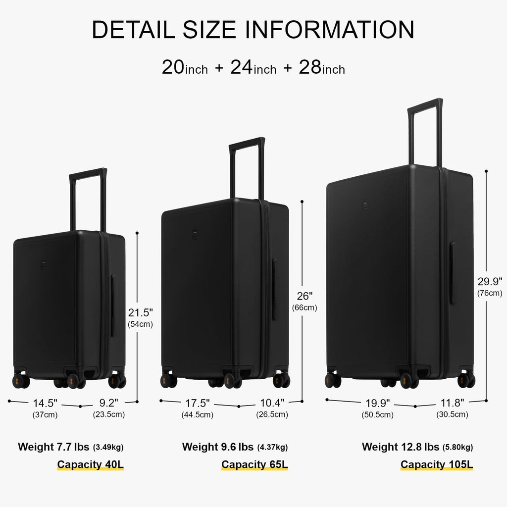 LEVEL8 Luggage Sets 3 Piece, 20 Inch Carry on, 24&28 Checked Hardshell Suitcases Set, Lightweight Luminous Textured Large Luggages with Spinner Wheels Tsa Lock, 3 - Piece Set (20/24/28), Black