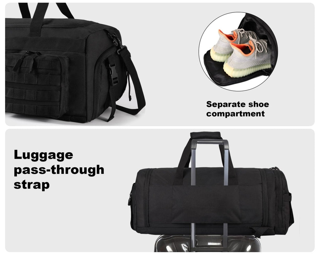 LHI 50L Tactical Duffle Bag for Men, 3 - in - 1 Gym Duffle and Backpack, Shoe Compartment, Laptop Sleeve and MOLLE, Carry - On Travel Weekender and Overnight Bag – Black