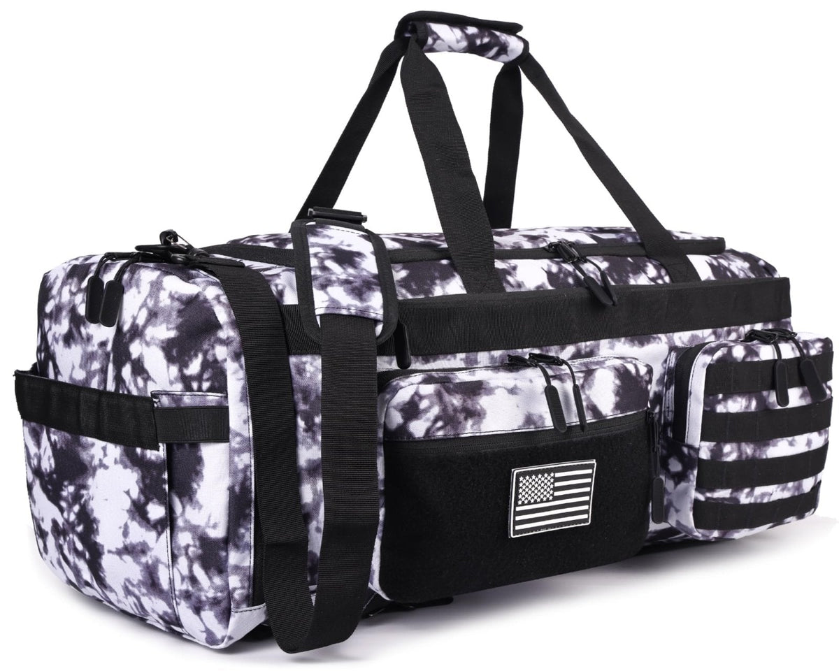 LHI 50L Tactical Duffle Bag for Men, 3-in-1 Gym Duffle and Backpack, Shoe Compartment, Laptop Sleeve and MOLLE, Carry-On Travel Weekender and Overnight Bag – Black and White