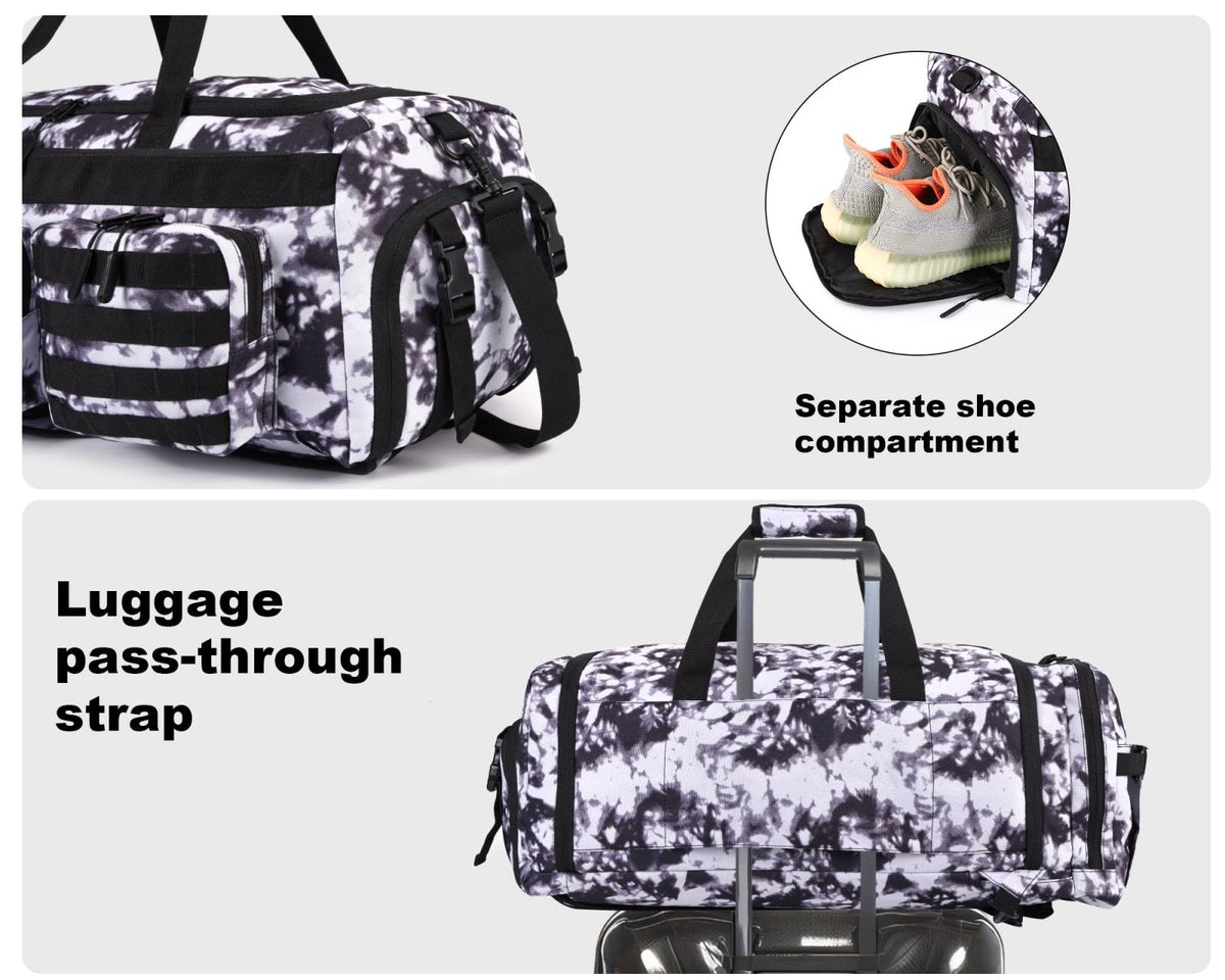 LHI 50L Tactical Duffle Bag for Men, 3 - in - 1 Gym Duffle and Backpack, Shoe Compartment, Laptop Sleeve and MOLLE, Carry - On Travel Weekender and Overnight Bag – Black and White