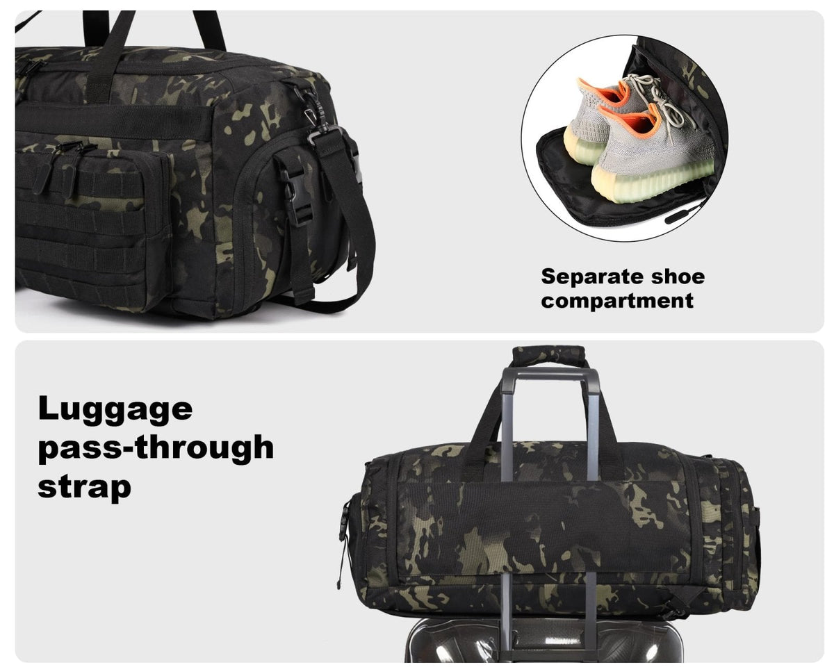 LHI 50L Tactical Duffle Bag for Men, 3 - in - 1 Gym Duffle and Backpack, Shoe Compartment, Laptop Sleeve and MOLLE, Carry - On Travel Weekender and Overnight Bag – Black CP Camo