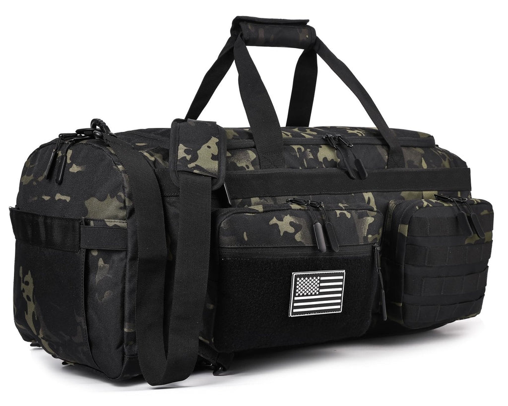 LHI 50L Tactical Duffle Bag for Men, 3-in-1 Gym Duffle and Backpack, Shoe Compartment, Laptop Sleeve and MOLLE, Carry-On Travel Weekender and Overnight Bag – Black CP Camo