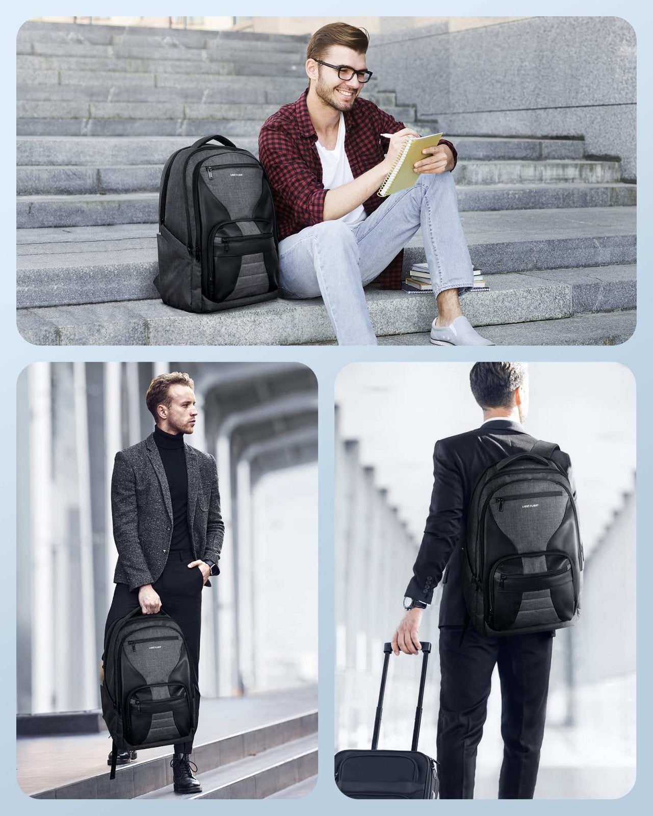 LIGHT FLIGHT Travel Backpack, Laptop Backpack for Men,17.3 Inch Computer Backpack Business Back Pack, Work Bag with USB Charging Hole, 40L Large Casual Daypack, Black grey