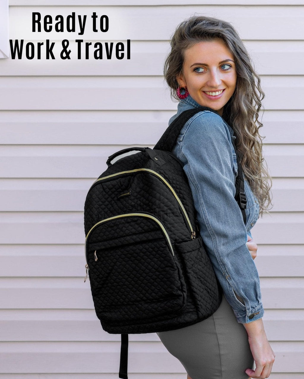 LIGHT FLIGHT Travel Laptop Backpack for Women, 15.6 Inch Laptop Backpack with USB Charging Hole Water Resistant Computer Backpack for Work, Quilted Black