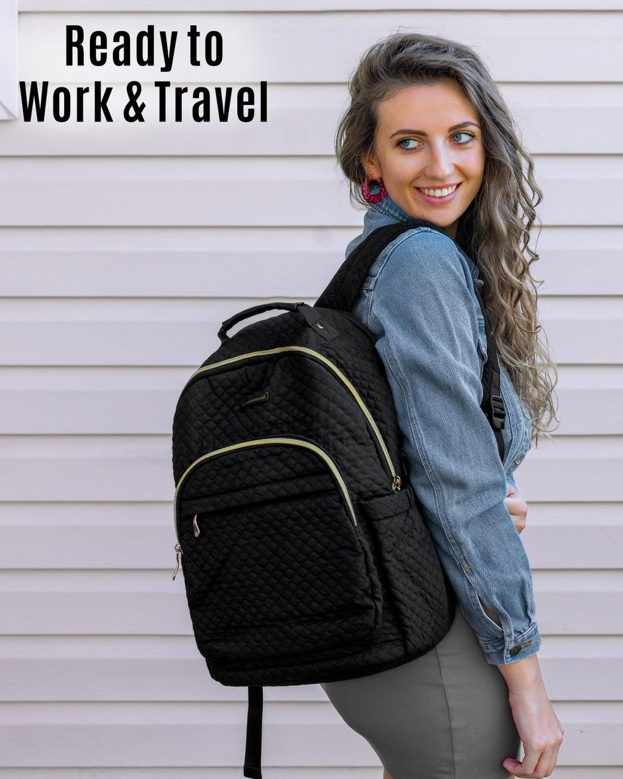 LIGHT FLIGHT Travel Laptop Backpack for Women, 15.6 Inch Laptop Backpack with USB Charging Hole Water Resistant Computer Backpack for Work, Quilted Black