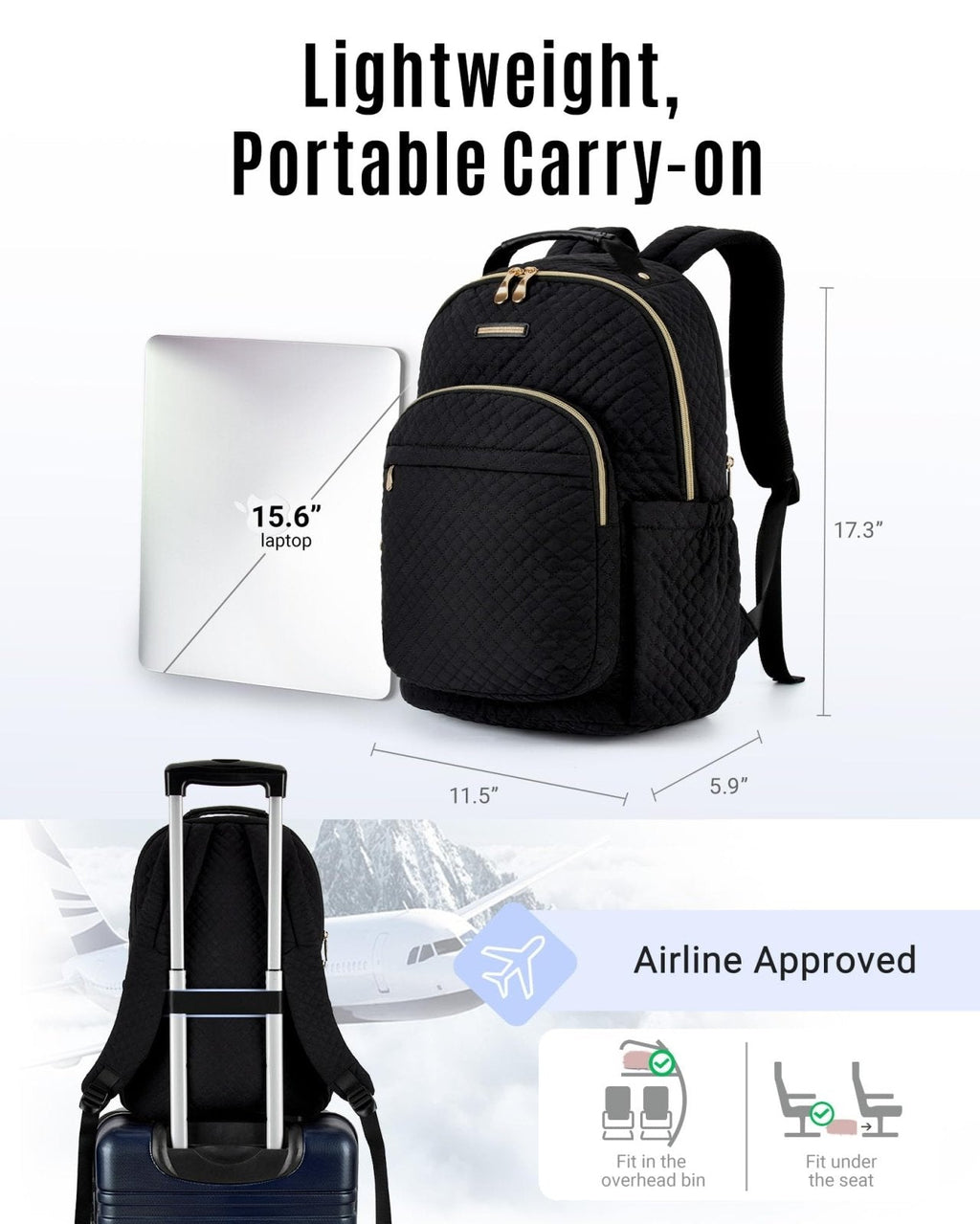 LIGHT FLIGHT Travel Laptop Backpack for Women, 15.6 Inch Laptop Backpack with USB Charging Hole Water Resistant Computer Backpack for Work, Quilted Black