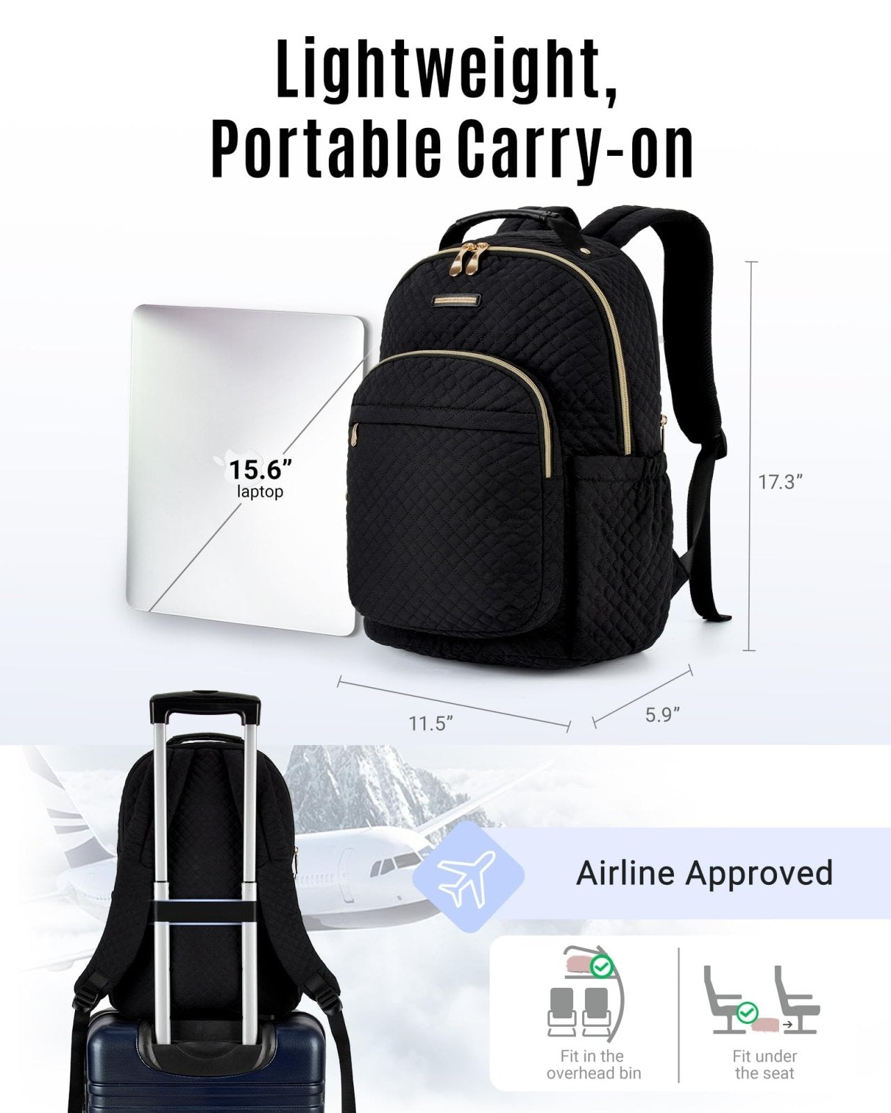 LIGHT FLIGHT Travel Laptop Backpack for Women, 15.6 Inch Laptop Backpack with USB Charging Hole Water Resistant Computer Backpack for Work, Quilted Black