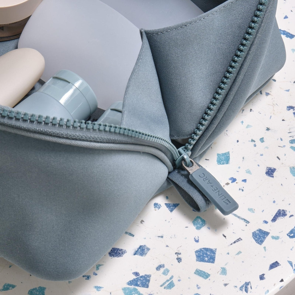 LINE+ARC Machine - Washable Neoprene Toiletry Bag (Ocean) Modern Blue Dopp Kit Soft Insulation for Cosmetics Makeup Travel Skincare Shaving Large Case Men Women Overnight Easy - to - Clean